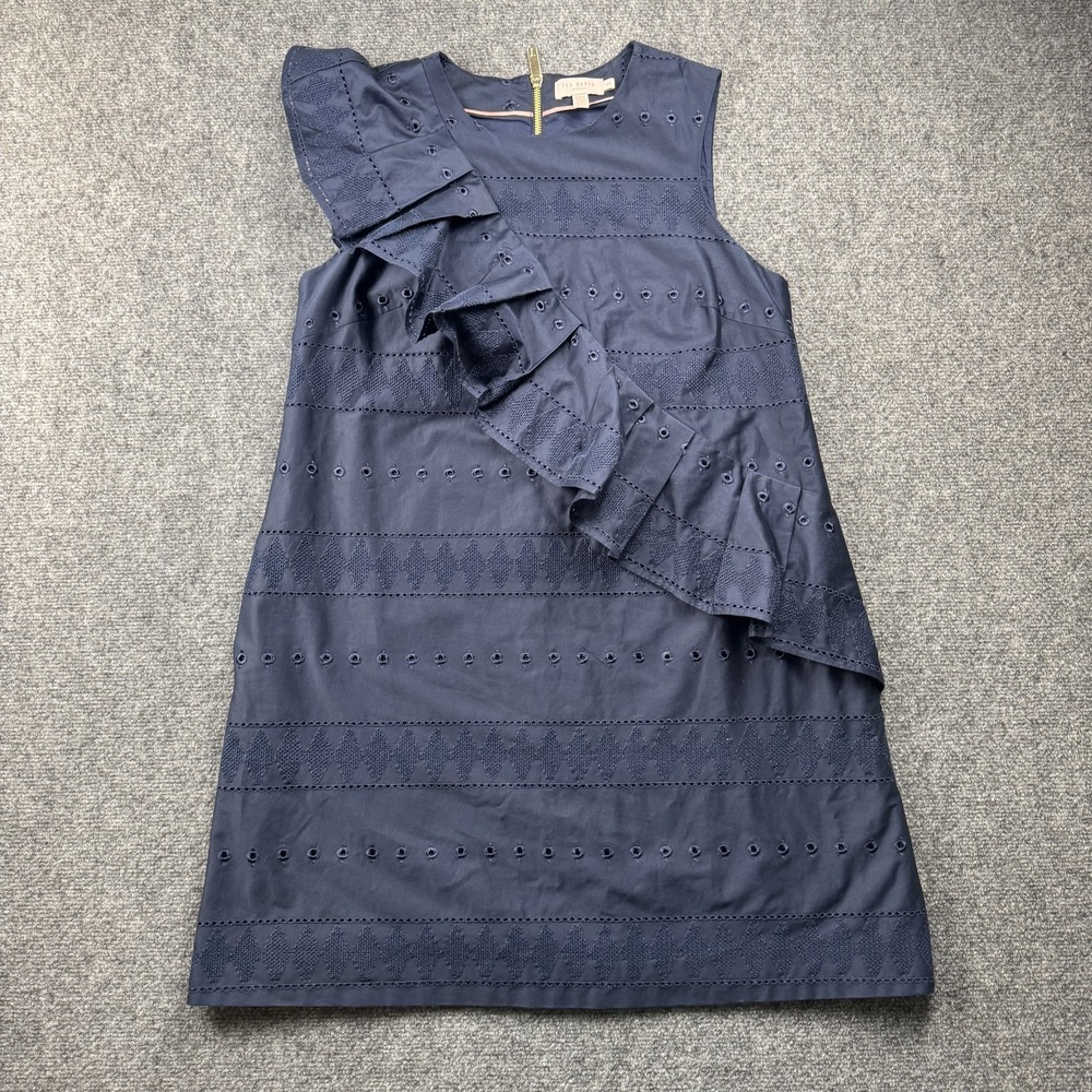 Ted Baker Dress Womens‎ Medium Navy Blue Eyelet Ruffle Asymmetrical Sleeveless